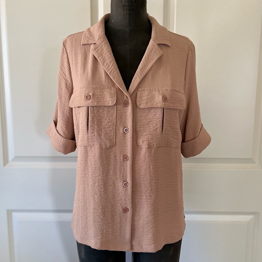 Worthington M Blush Beige Utility Button Front Top Rolled Sleeve Pocket Shirt